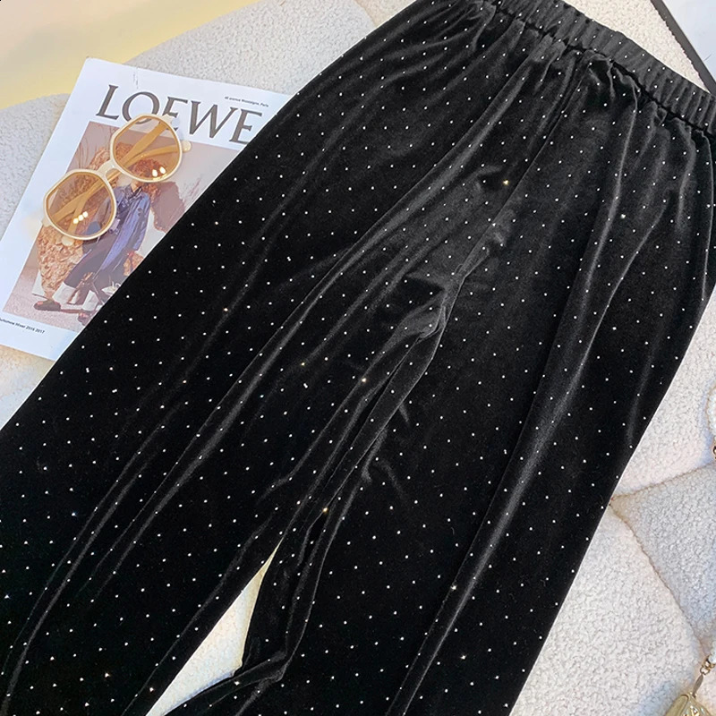 Black Wide Leg Womens Autumn and Winter Fashionable Chic Tie High Waist Straight Gold Velvet Casual Pants Z260314