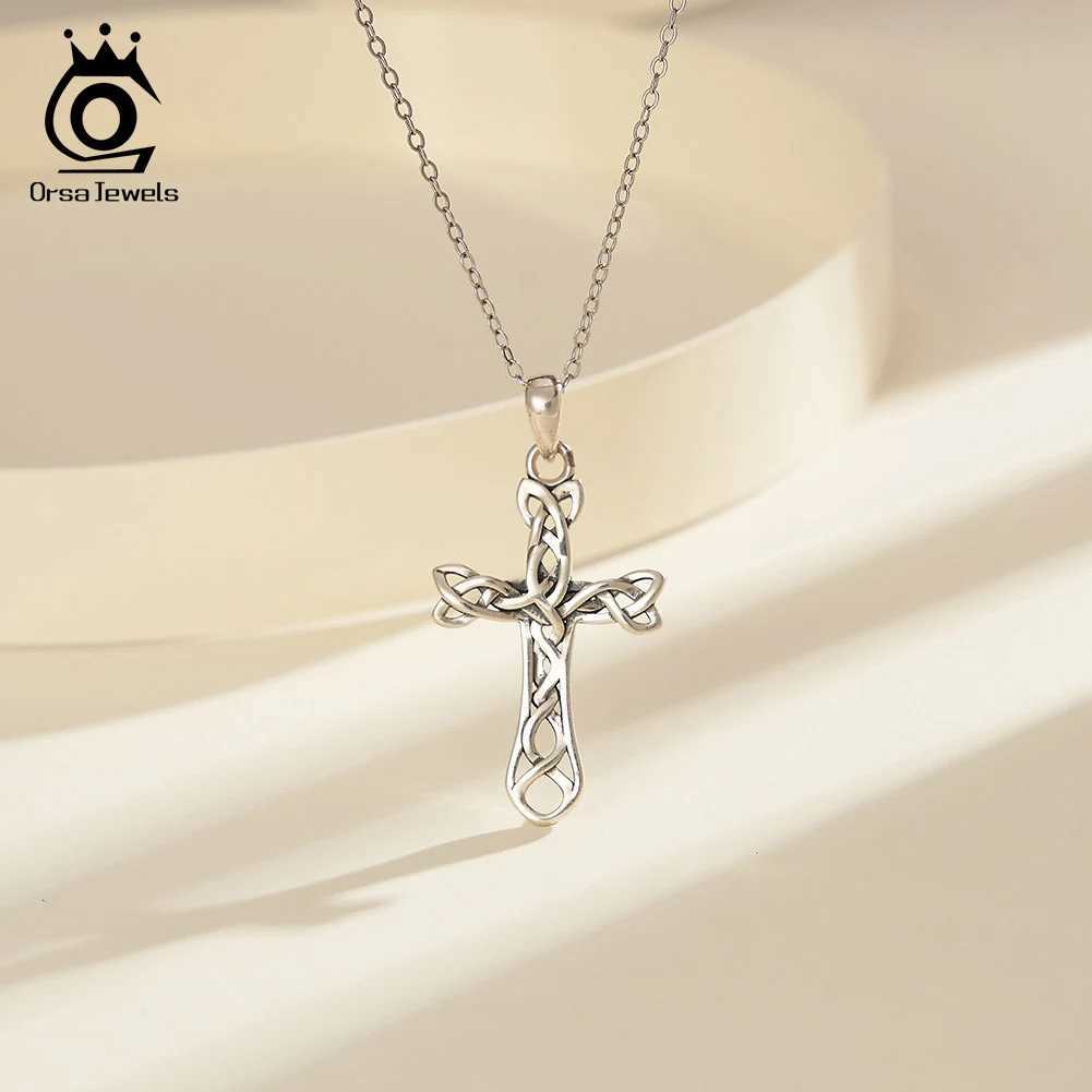 ORSA JEWELS Real 925 Pure Silver Cross Pendant Necklace Minimalist Celtic Knot Fashion Gothic Punk Jewelry SAPN43 W240918
