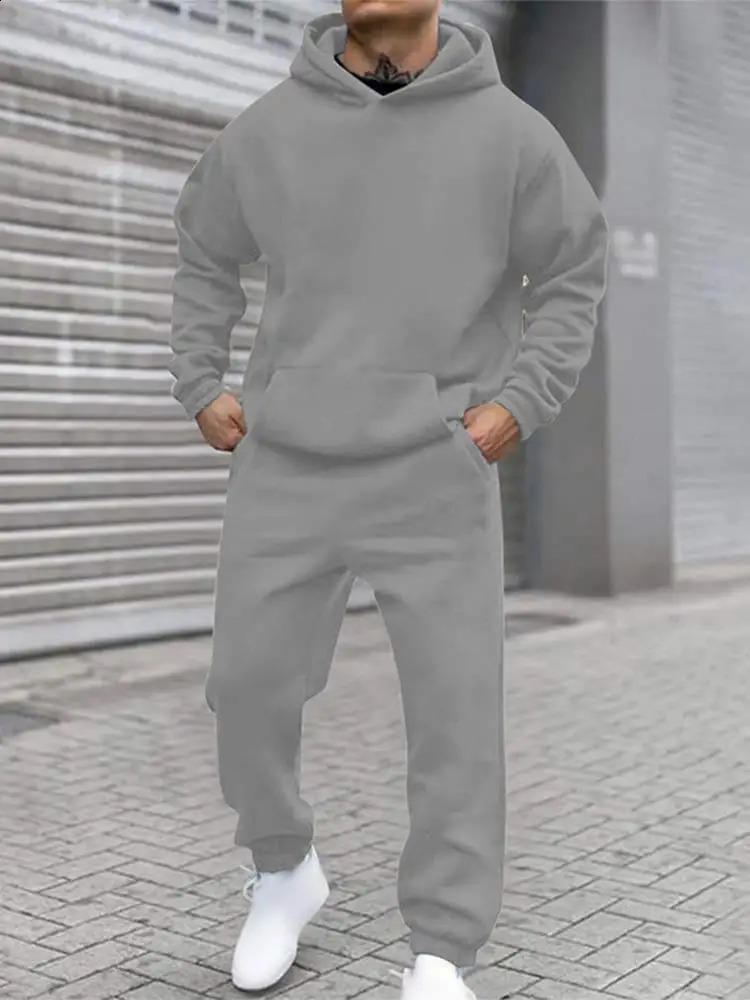 Autumn Solid Plus Velvet Tracksuit For Male Long Sleeve Hoodie Straight Sweatpants 2 Piece Set Mens Hooded Sweatshirt Outfits 240918