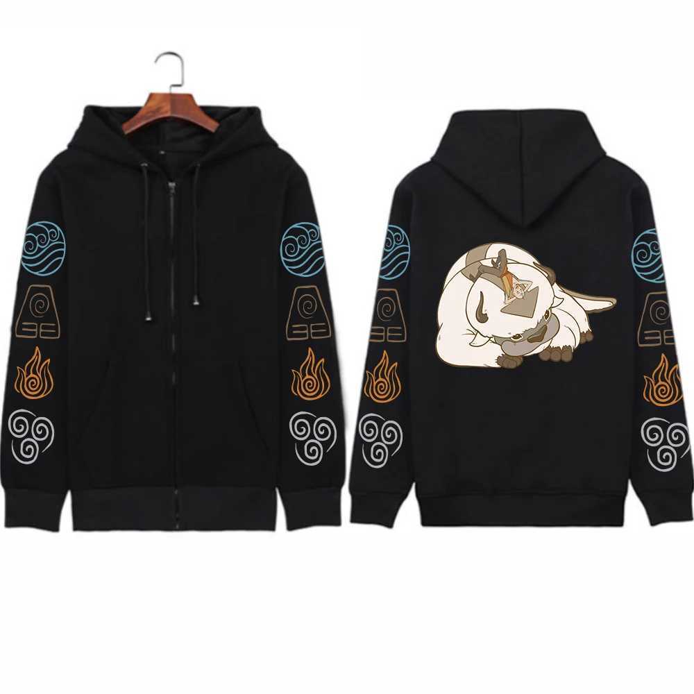 Avatar The Last Airbender Appa Zipper Hoodies Kawaii Cartoon Unisex Streetwear Harajuku Warm Oversized Black zip up Jacket coatX240918
