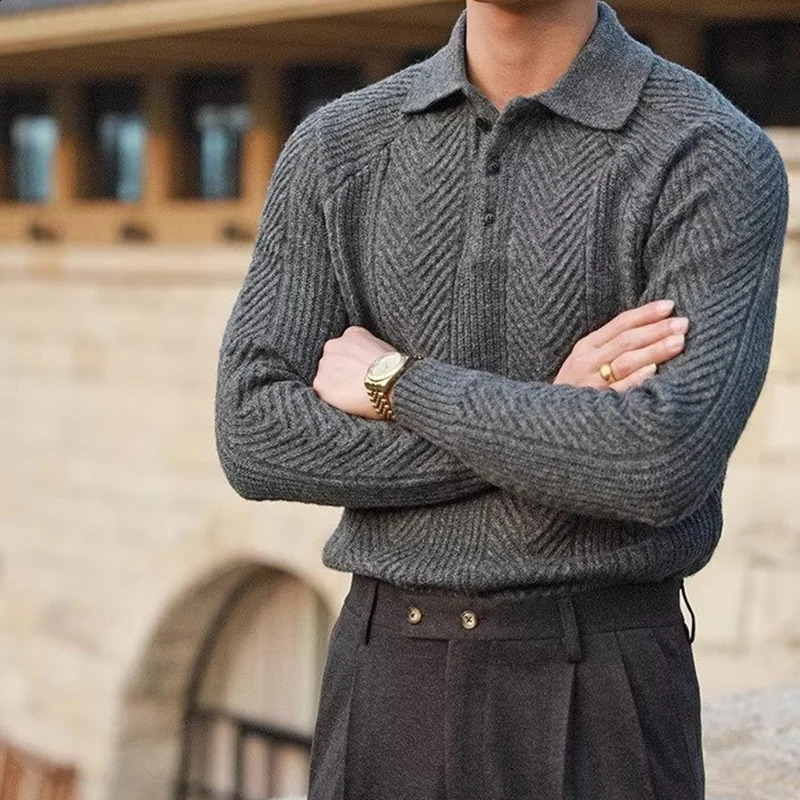 Fashionable Textured Knitted Sweater Mens Polo Shirts Long Sleeve Turn-down Collar Zipper Jumper Tops Autumn Men Knit Clothing