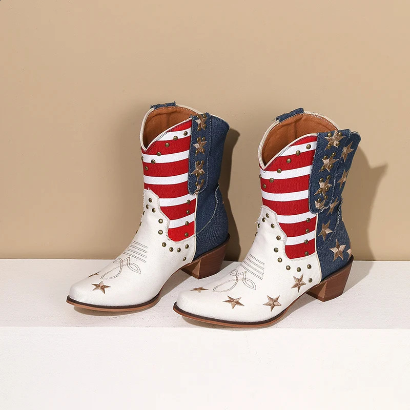 Womens Cowboy Western Boots USA Flag Ankle Booties Denim Studded Rivets Embroidery Stars Stripes Heeled Shoes Footwear 240910