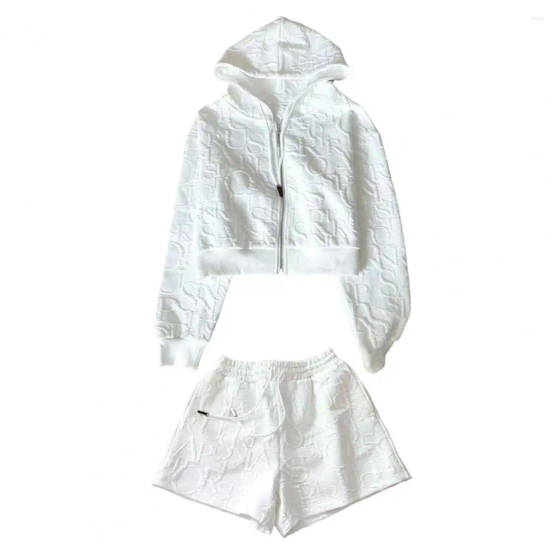Women's Tracksuits 2 Pcs/Set Women Hoodie Shorts Suit Hooded Zip-up Long Sleeves Solid Color Short Coat Elastic High Waist Trousers Sport