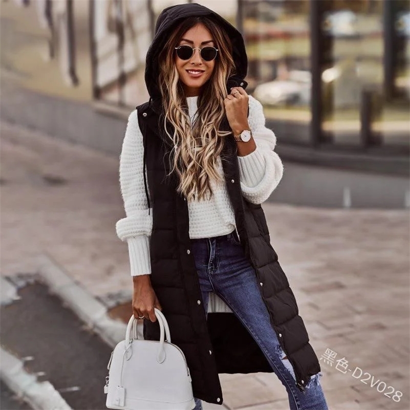 Sleeveless Winter Jacket Women Midi Coats Down Vest Keep Warm Elegant Black Hooded Street Hipster Lady Cotton Overcoat 240911