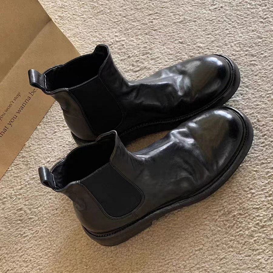 Wrinkled Thick-Heel Chimney Boots: Stylish Washed Horse Skin Leather Elastic Boots for Women 6cfe