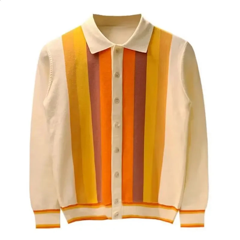 British Style Men Knitted Cardigan Vertical Stripe Long Sleeved Button Mens Tops Spring Autumn Slim Lapel Thin Sweater 240918