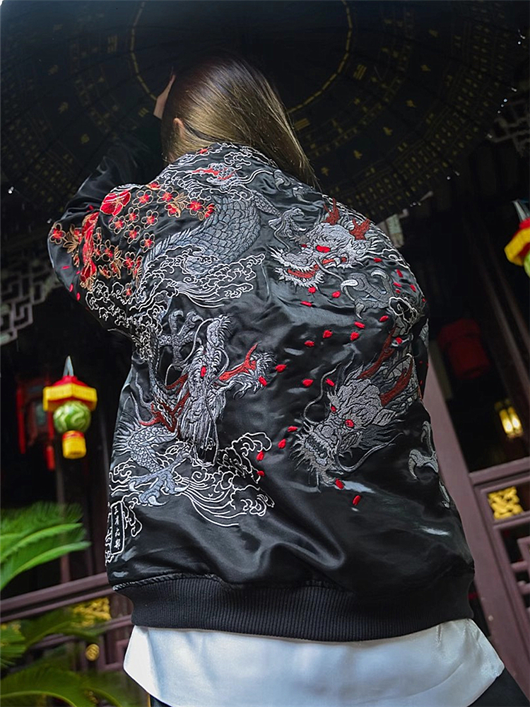 New Men Boys Black P Embroidered Reversible Double-Sided Sukan Souvenir Jacket 2024 China Dragon Year Exclusive