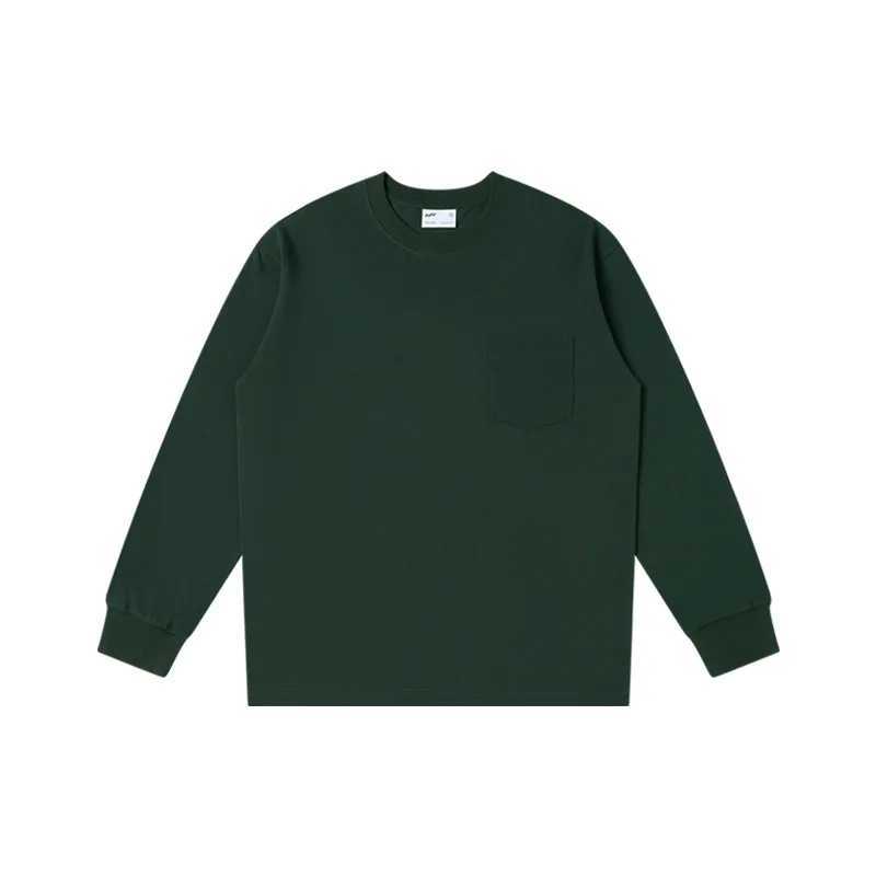 Oversize 100% Cotton Pocket Long Sleeved T-shirt for Men and Womens Spring Casual Round Neck Bottom Tops Solid Sweatshirts Z240918