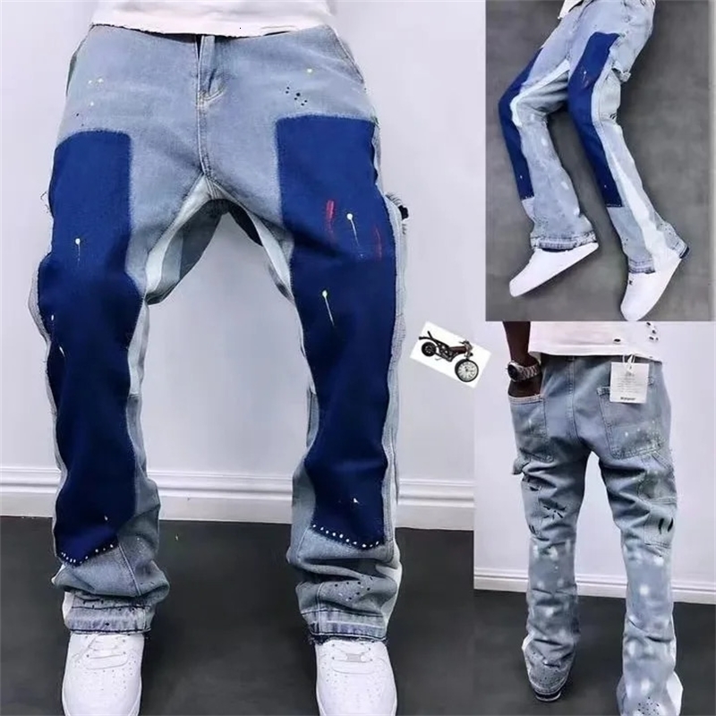 Distressed Bell bottom Jeans Color Block Construction Details Street Style Trendy Unique Niche Pants Mens Fashion 240823