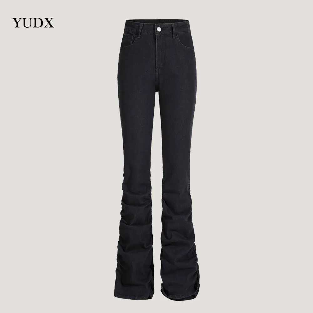 Design Black Jeans for WOMan WOMens Mid-Waist Elastic Denim Pants Streetwear Crinkled Trousers Girls Fashion M240914