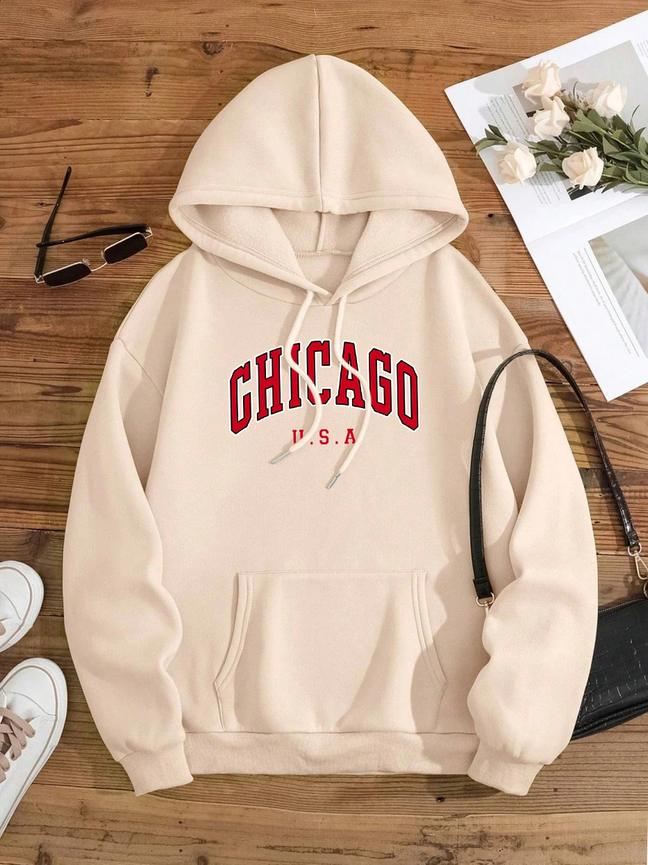 Chicago Usa City Letter Graphic Men Women Clothing Autumn Fleece Streetwear Pattern Loose Sweatshirt Warm Couple Hoodies 240915