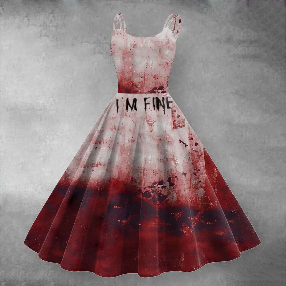 Women Dress Fashion Retro Halloween Cosplay Funny Horror Theme Bloody Printed Casual Suspender Strappy Dress Witch Costumes Ed1