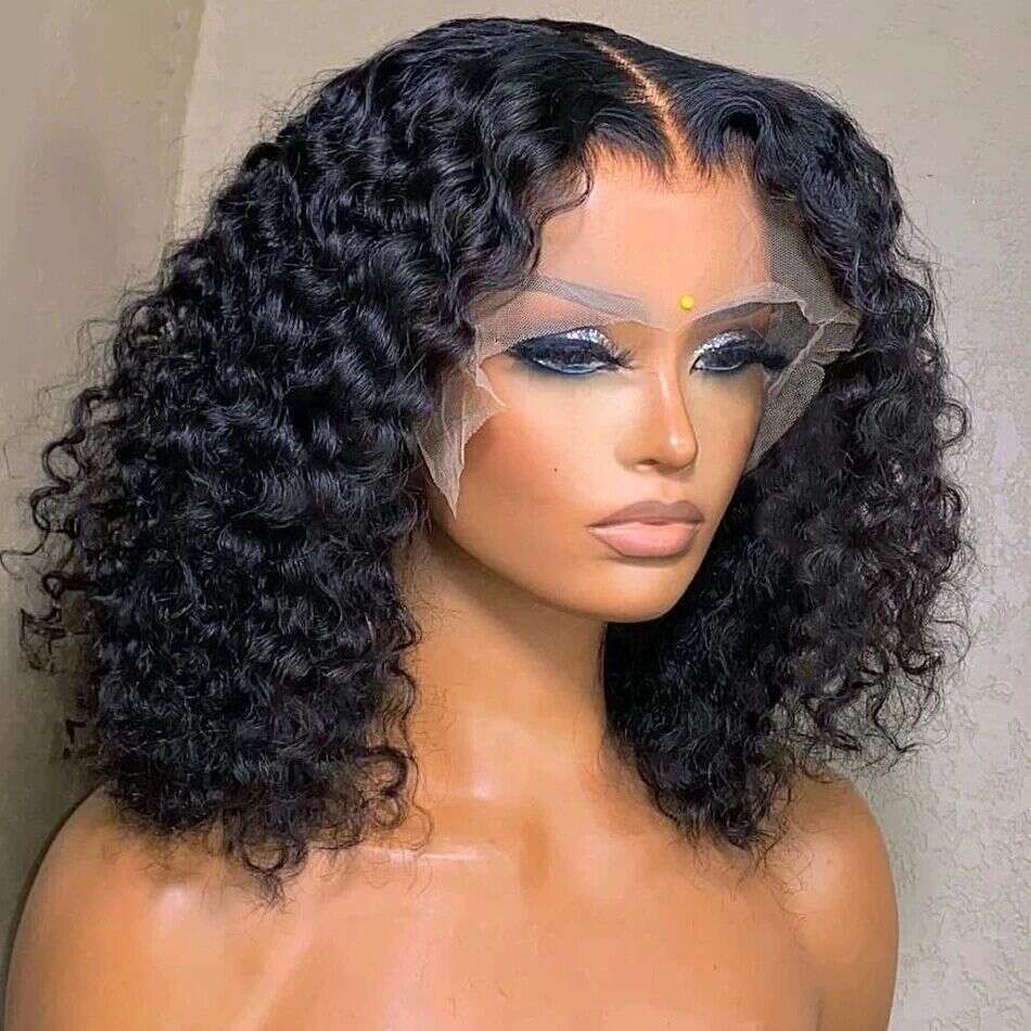 Deep Wave 13X4 Front Short Bob Human Hair Wigs Transparent Kinky Curly Lace Frontal Wig For Black Women 180%