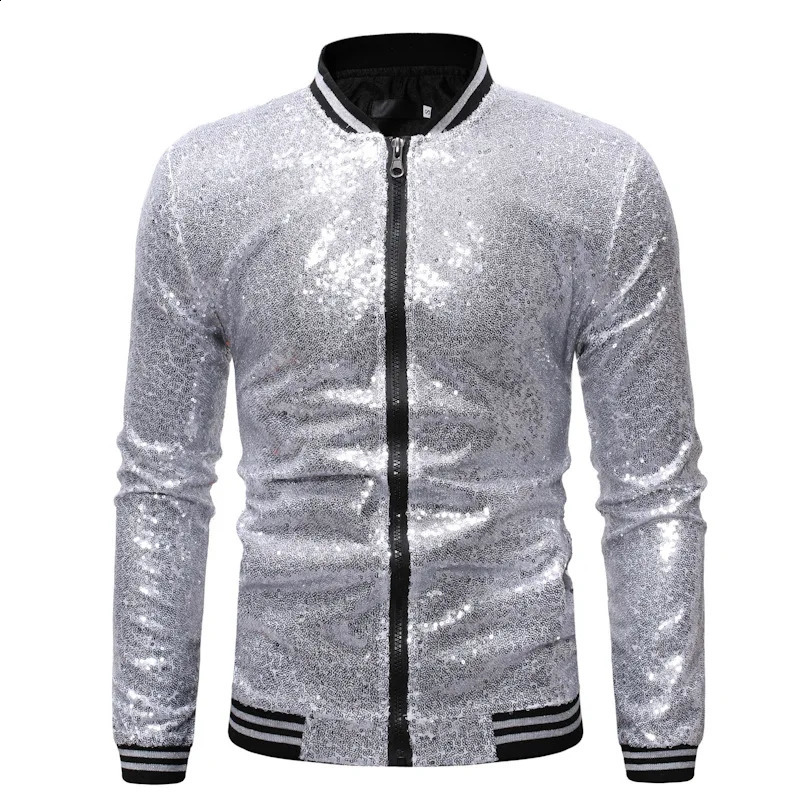 Shiny Sequins Sparkle Bomber Jacket Men est Gold Glitter Striped Zipper Mens Jackets And Coats Party Dance Show Clothes 240911