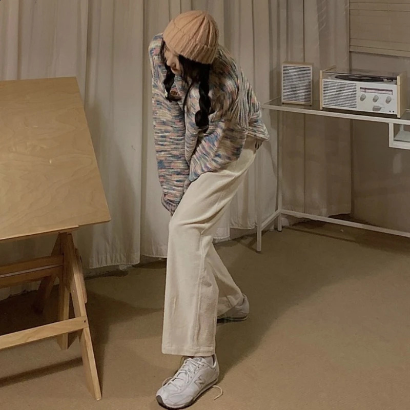 Autumn pants womens wide leg Corduroy retro loose sweet Ulzzang Harajuku College fashionable solid Trouser casual simple 240914