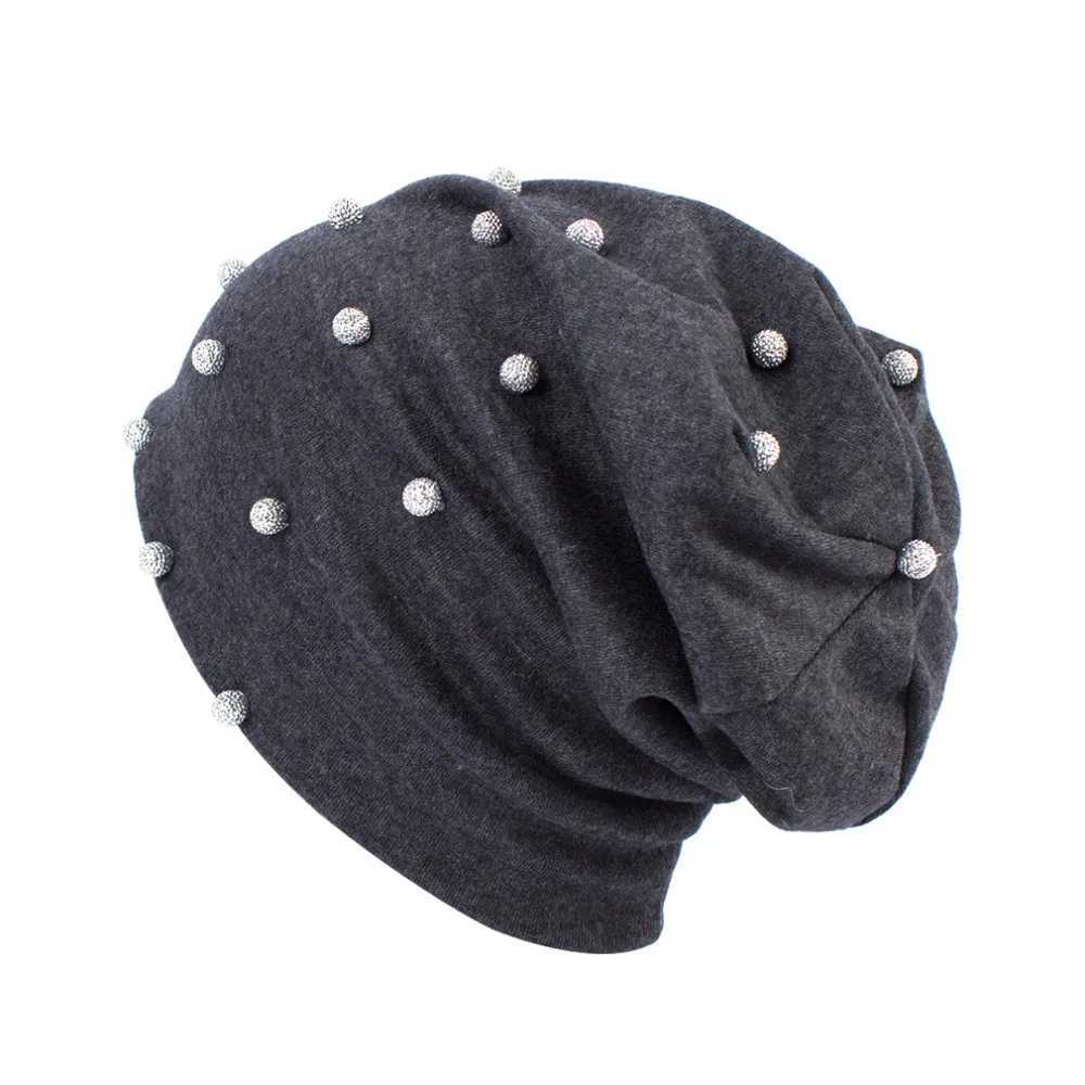 Beanie/Skull Caps Geebro Women #39 Beanie Hat SprCotton metal pearl hat suitable for womens hip-hop parties Beanie hat Rhinestone hat Skulls hat J2409