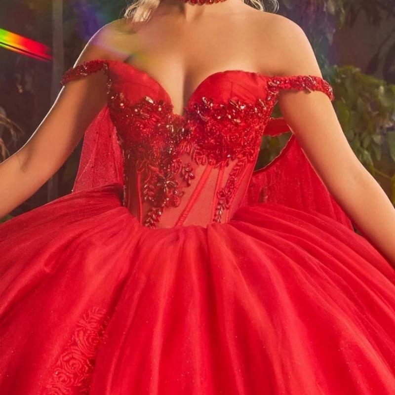 Luxury Red Shiny Quinceanera Dressess With Cape Applique Lace Beads Crystal Tull Ball Gowns Sweet 16 Dress Vestidos De 15 Anos