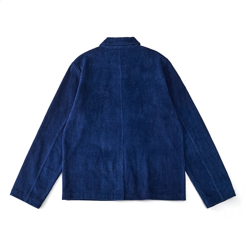 Vintage handmade indigo Corduroy jacket mens blue dyed lapel multi pocket French commodity autumn casual cardigan 240913
