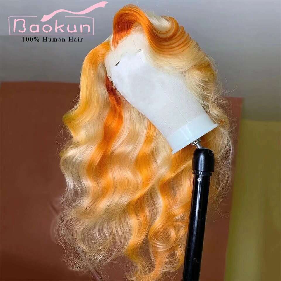 Green Highlight 13X6 Front 180 Density Orange Brown 613 Body Wave Human Hair Wigs 13X4 Transparent HD Lace Frontal Wig