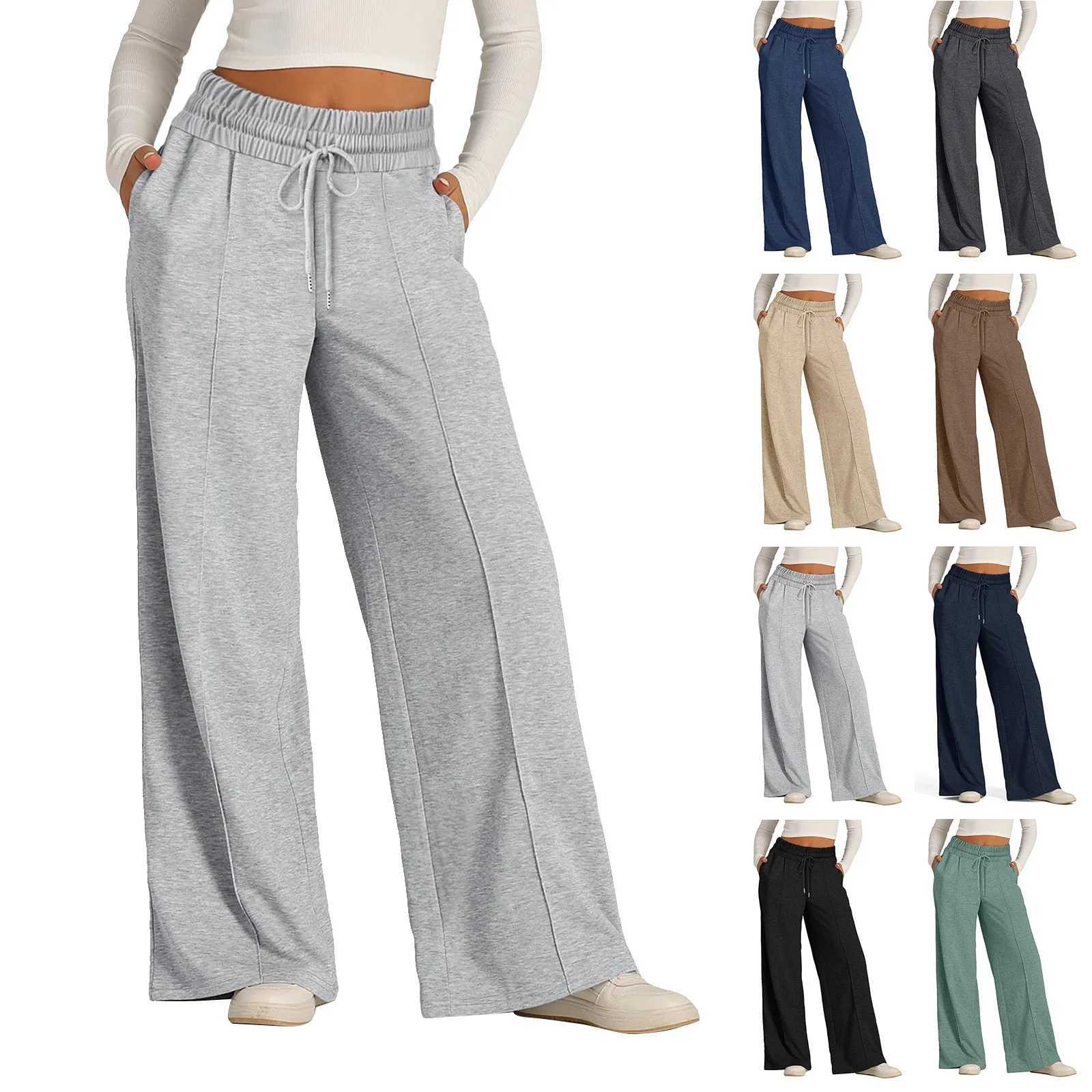 Womens Pant High Waisted Cotton Linen Pants Drawstring Waist Wide Leg Loose Trousers with Pockets M240918