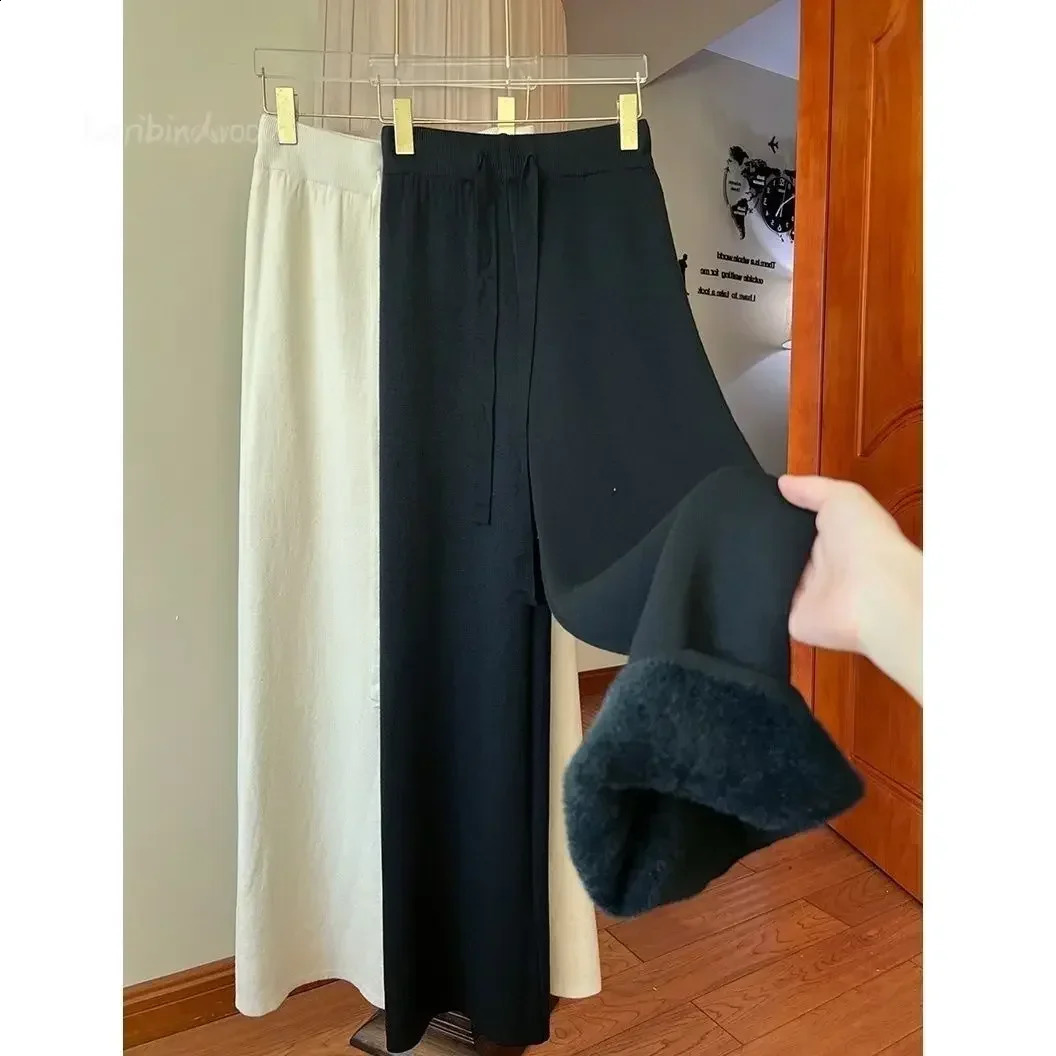 Ultra thin and simple knitted wide leg womens autumn winter high waisted mop pants thick casual straight 240914