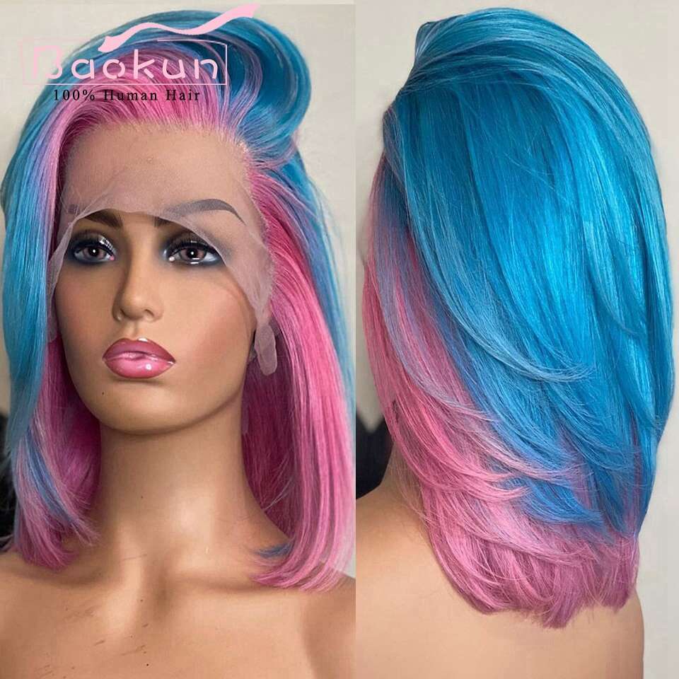 Side Part 13X6 Short Bob Front Pink Blue Highlight Wig Colored 360 HD Human Hair Lace Frontal Wigs