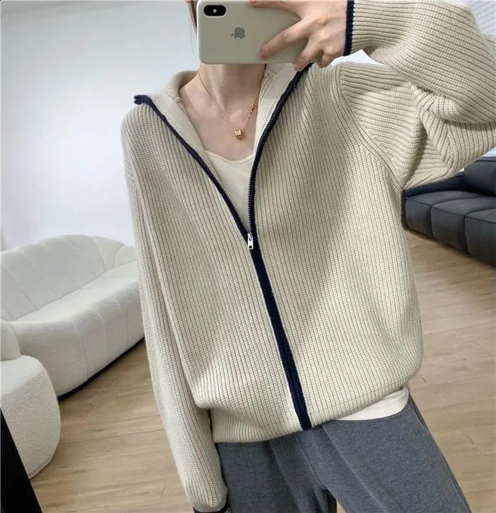 Autumn And Winter Cashmere Zipper Cardigan Womens Loose Cashmere Sweater Cardigan Female Coat 240914