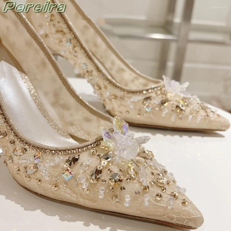 2025 S Fashion Designer Sandals Pereira Crystal Wers Stiletto Pointed Toe High Heels Cover Heel Slip On Colorful Rhie Women Wedding Shoes