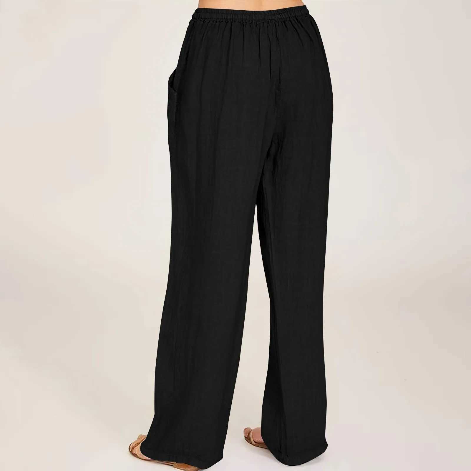 New Cotton Linen Pants Womens Elastic High Waist Palazzo Trousers Drawstring Wide Leg Yoga Fitness Female Loose Casual Pants M240918