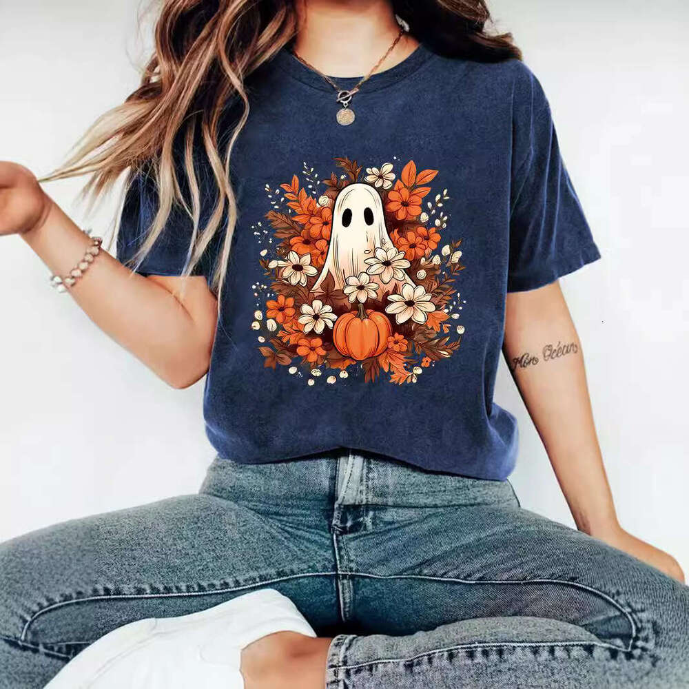 Hallowmas Summer Girl Ghost Flower Pattern Round Neck Short Sleeve Casual Fashion Halloween T-shirt