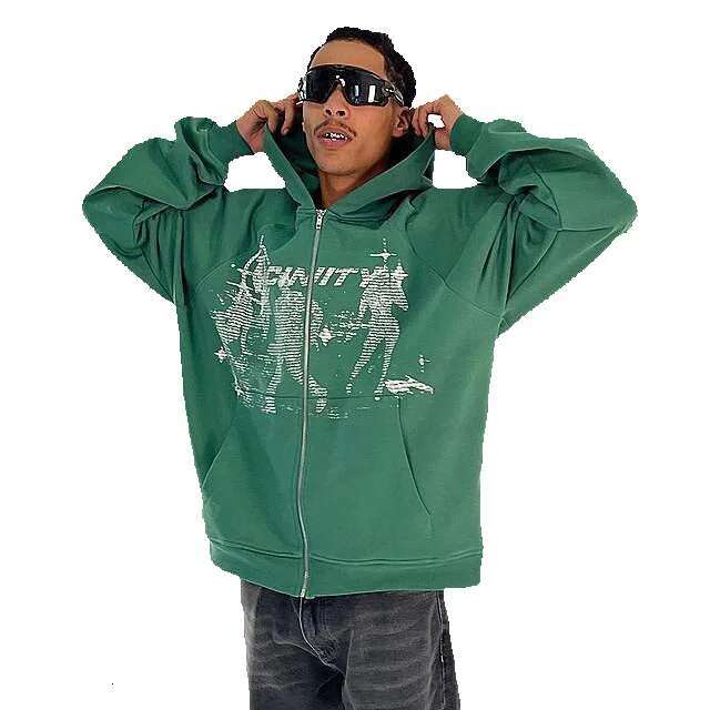 American Retro Hiphop Zipper Hoodie Men's Personalized Street Harajuku Anime Printed Hoodie Long Sleeve Coat