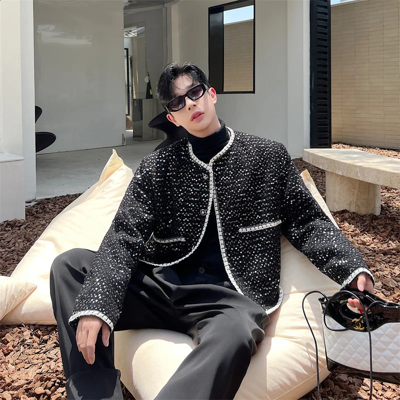 NOYMEI jacket Temperament Flowing Light Black Silver Sequin Thick Tweed Classic Small Fragrant Outline Coat men autumn WA2835 240911