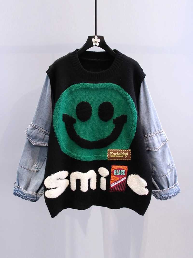 Smiling Face Loose Sweater Top Womens Denim Sleeves Round Neck Zipper Jumper Winter Fashion Street Clothing Fashion Knitted W240918