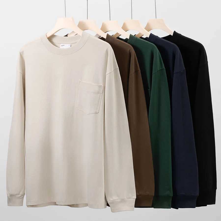 Oversize 100% Cotton Pocket Long Sleeved T-shirt for Men and Womens Spring Casual Round Neck Bottom Tops Solid Sweatshirts Z240918