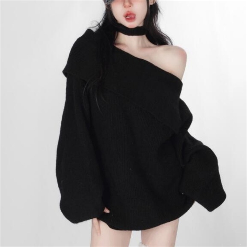 Deeptown Kpop Black Knit Halter Sweater Women Off Shoulder Sexy Y2K Long Sleeve Pullovers Jumpers Female Lazy Wind Gyaru 240911