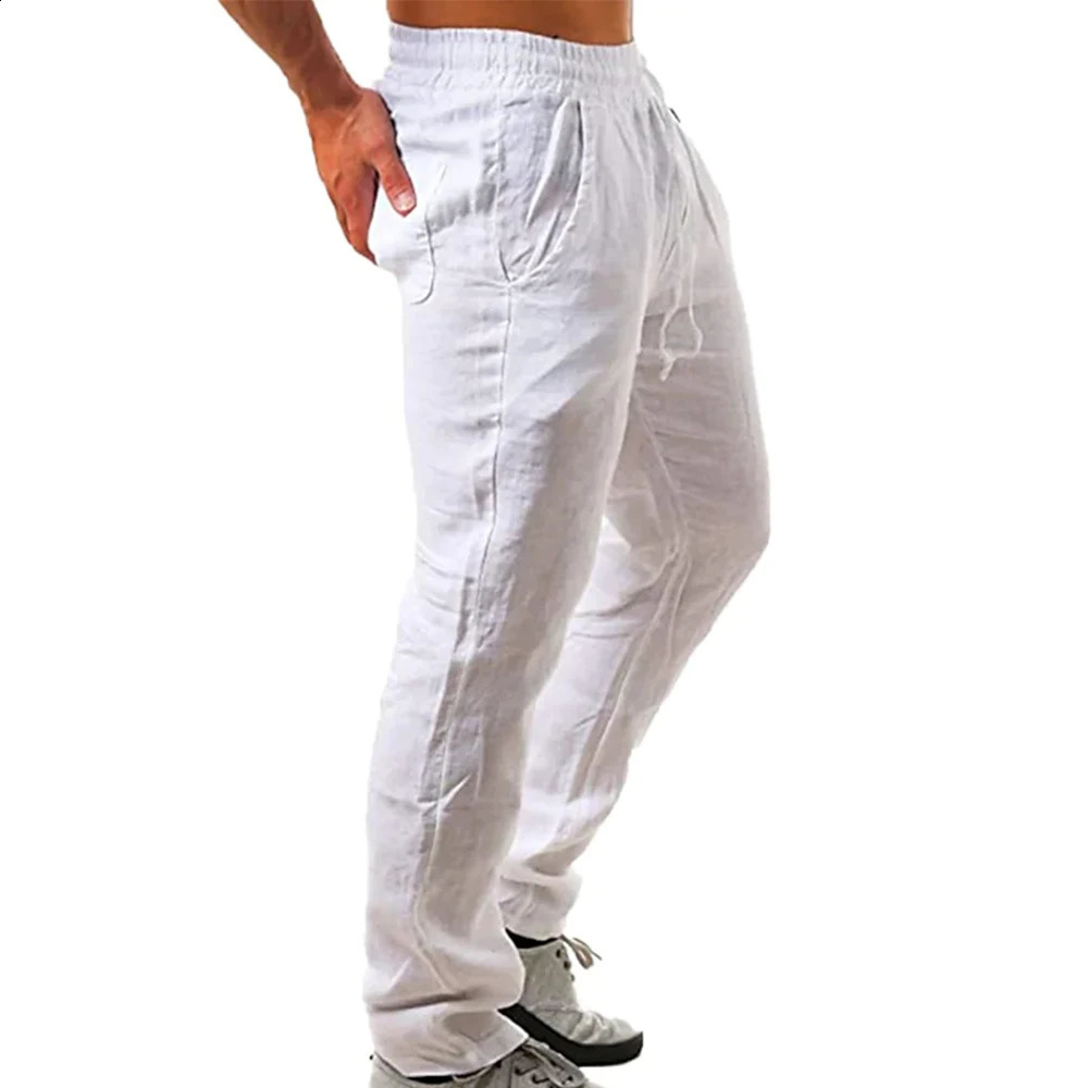 SpringSummer Mens Cotton Linen Pants Breathable Solid Color Casual Fitness Street Wear S3Xl 240918