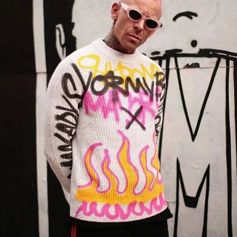 Hip Hop Knitted Vintage Streetwear Couple Tops Winter Goth Casual O-Neck Pullover Sweaters Men Women Harajuku Unisex Y2K Clothe 240912