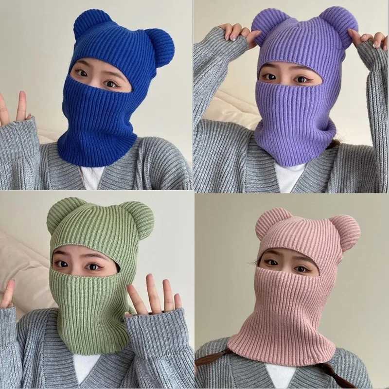 Beanie/Skull Caps New Womes cute full face ski mask hat with bear ears Balaclava knit hat windproof skull hat Beanies hat winter warmth J240913