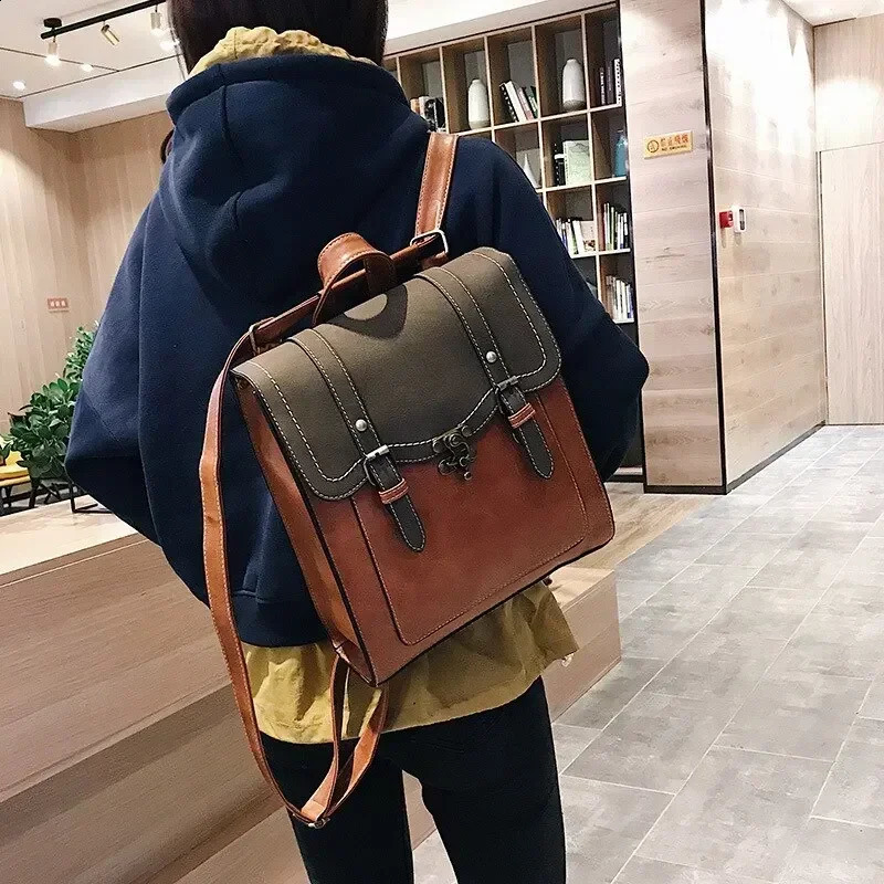 College Retro Leather Multi functional Integrated High School Student Girl Backpack Mochilas Para Mujer 240918