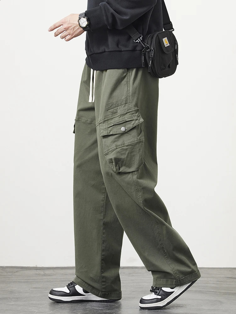 Wide Leg Straight Cargo Pants Men 4 Pockets Washed Cotton Baggy Casual Pants Big Size 8XL Workwear Loose Trousers Male 240911