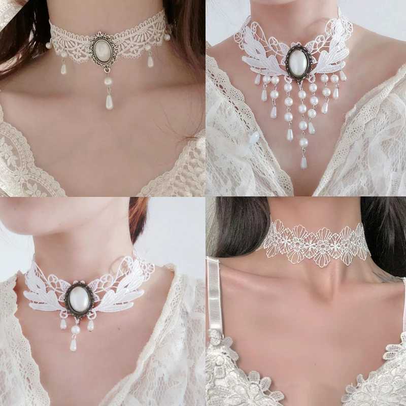Sweet New Wavy Flower White Lace Imitation Pearl Pendant Clavicle Chain Choker Necklace for Women Wedding JewelryX240918