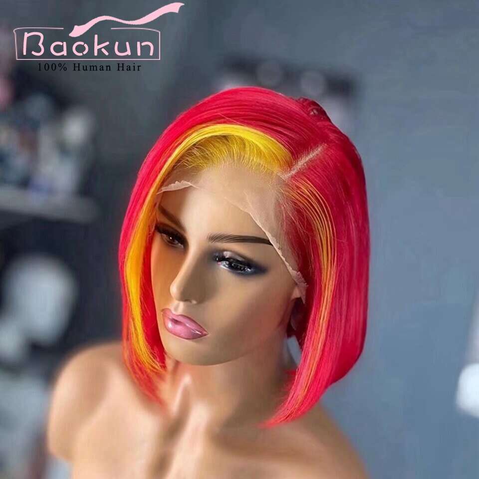 13X4 Highlight Bob Front Red Yellow Transparent 13X6 HD Lace Frontal Wig Short Straight Human Hair Wigs