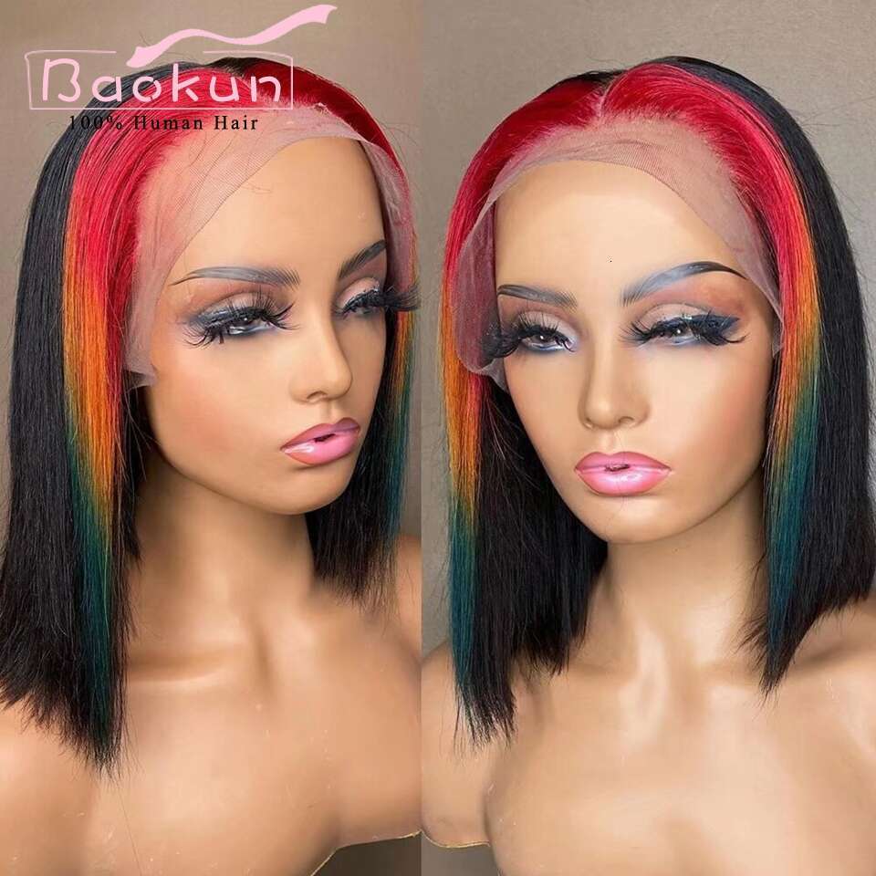 Short Highlight Frontal Wig 13X6 360 Straight Lace Front Red Yellow Blue Glueless Bob Human Hair Wigs