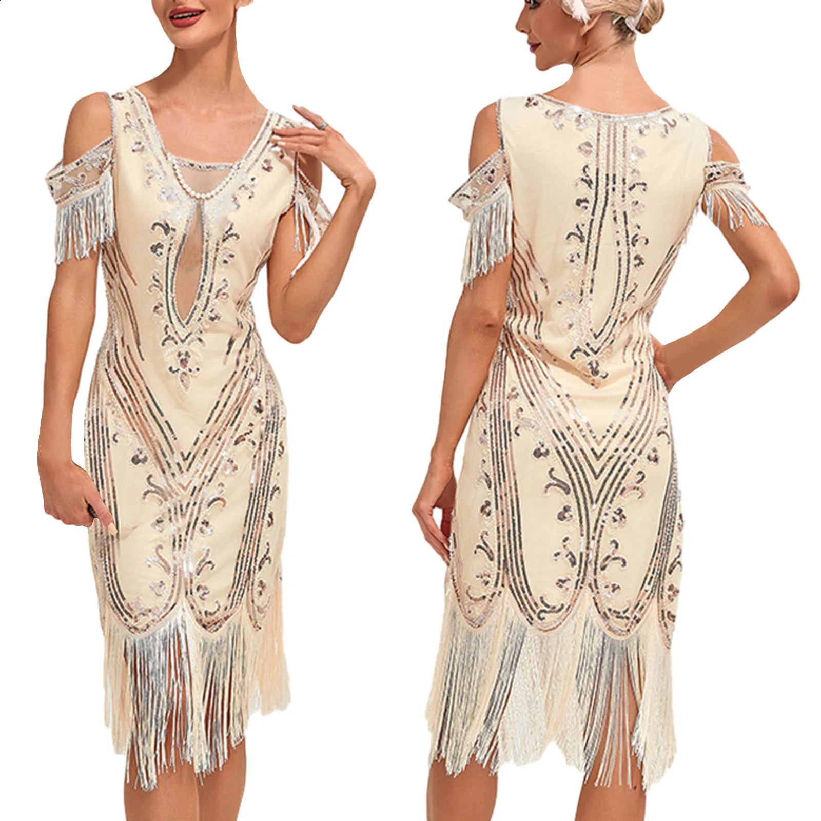 1920s vintage Flapper Great Gatsby party dress Vneck sleeveless sequin beaded style tassel Vestitos Feminina 1920 240914