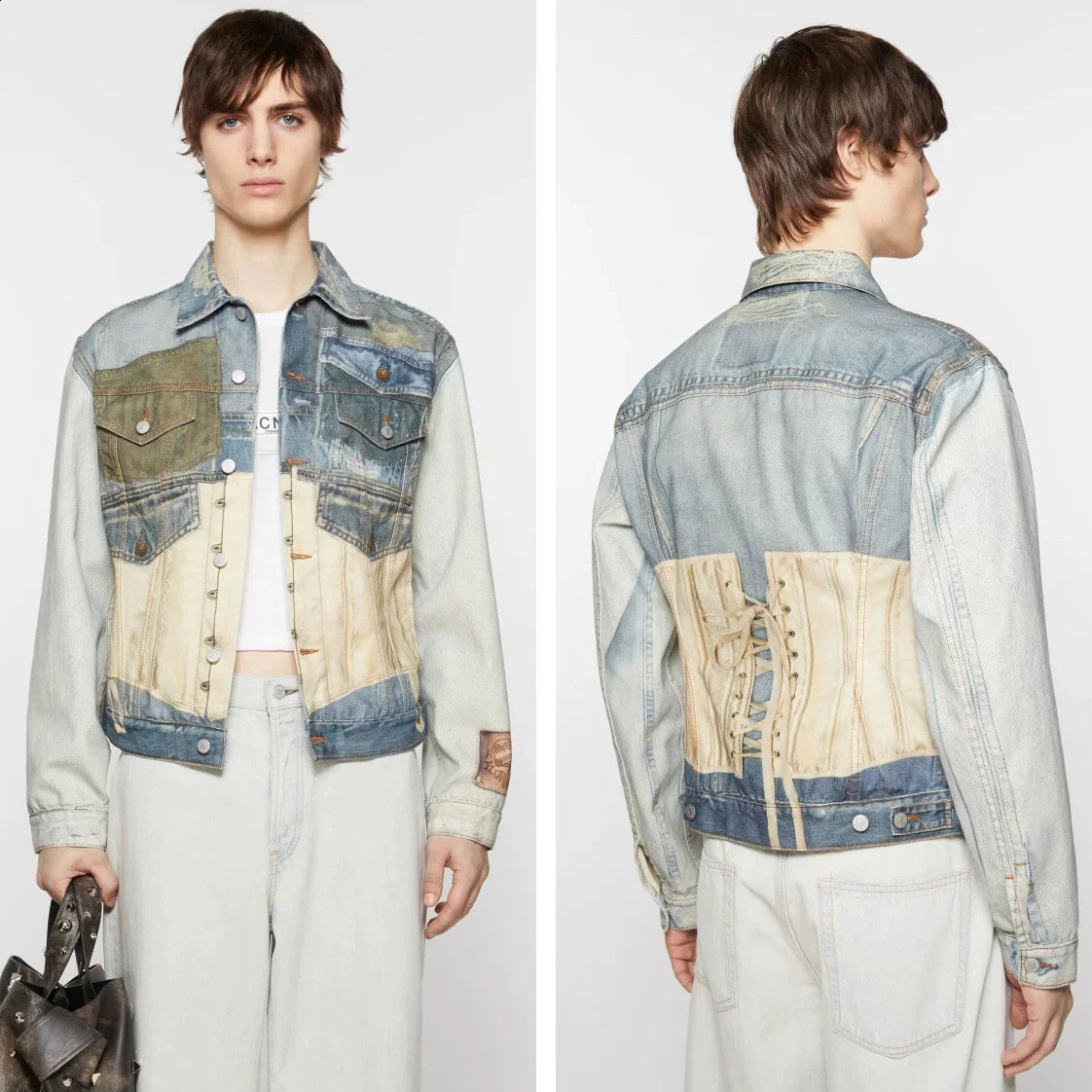 Y2k Contrast Color Back Lace Up Patchwork Denim Coat for Men and Women Windbreaker Bomber Jacket Casual Loose Jeans Clothes 240911