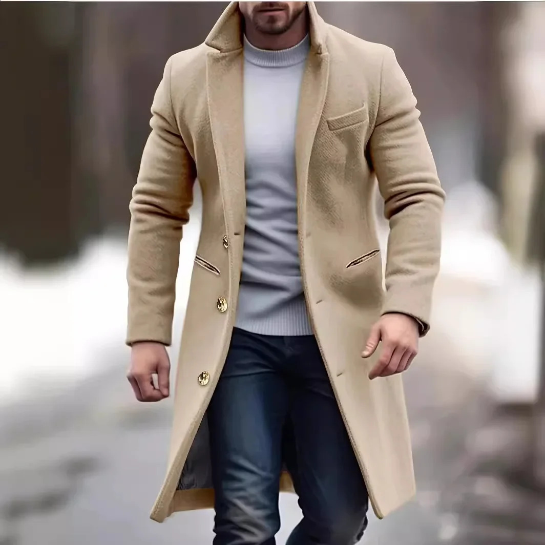 Elegant Mediumlength Mens Woolen Coat Fashionable Casual Trench Crossborder Autumnwinter Slimming Smooths Your Silhouette 240905