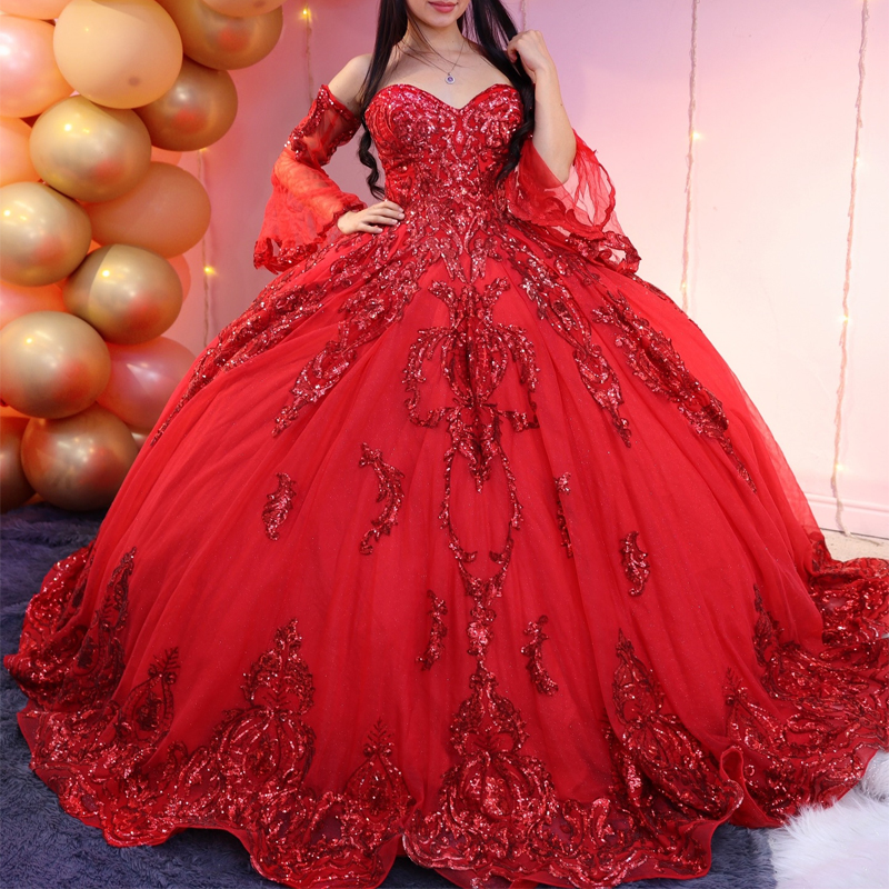 Red Ball Gown Quinceanera Dresses Long Train Ruffle Princess Applique Lace Tulle Vestidos De 15 Anos Birthday Party Sweet 16 Dress