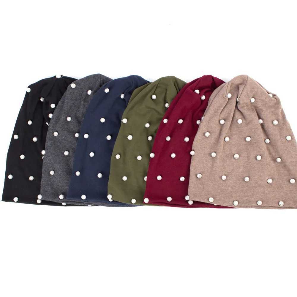 Beanie/Skull Caps Geebro Women #39 Beanie Hat SprCotton metal pearl hat suitable for womens hip-hop parties Beanie hat Rhinestone hat Skulls hat J2409