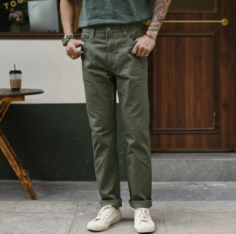 Sauce Zhan Men HBT Herringbone Cargo Casual Pants Waved Twills Slim Fit High Front Rise Wear-Resistant Green