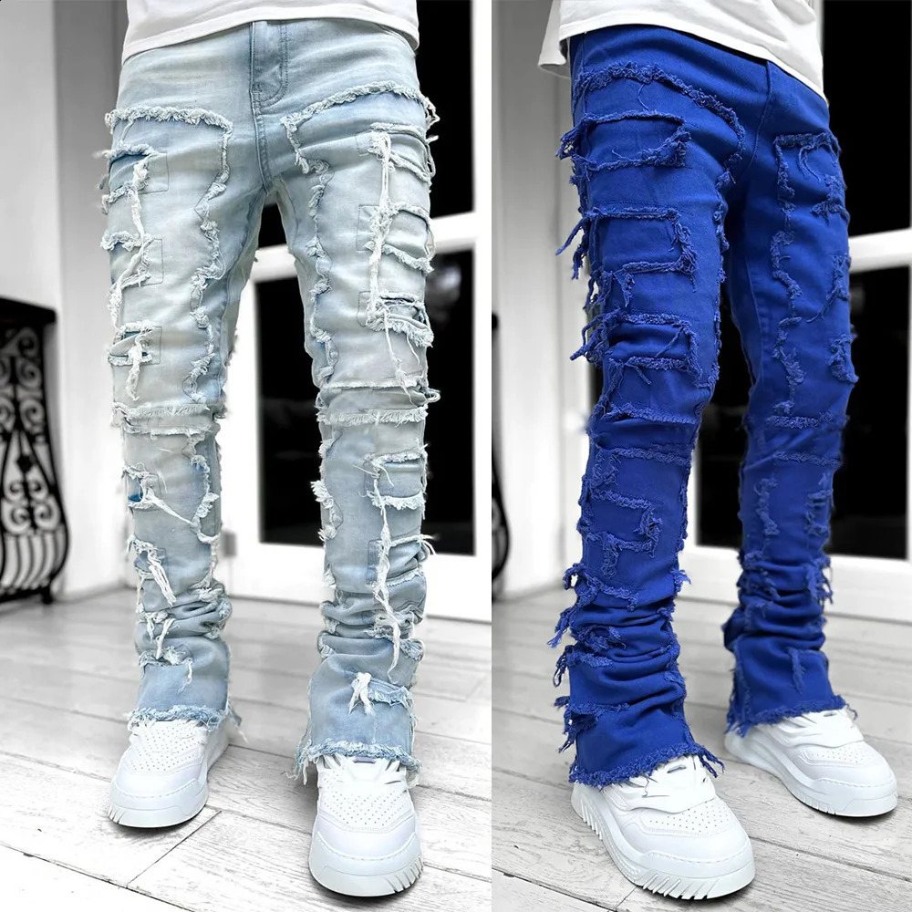 High Street White Mens Stacked Jeans Stretched Patchwork Tassel Damaged Denim Full Length Pants Hip-pop Trousers For Male 240912CJ